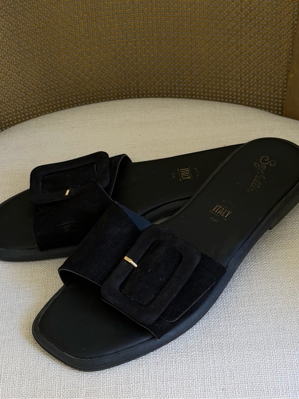 Black Suede Slide Sandals with Decorative Buckle